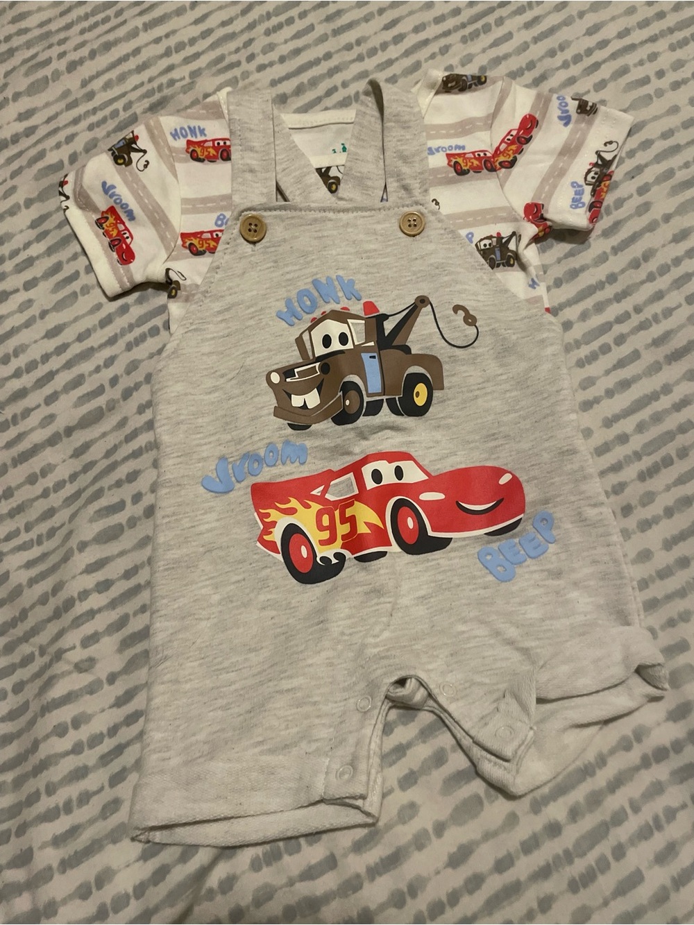 Disney Baby White Infant Bodysuit with Toy Car Print